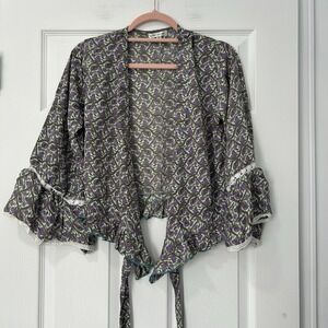 Karma Highway Boho Paisley Tie Front Top Bell Sleeve Floral Festival Gypsy Indie